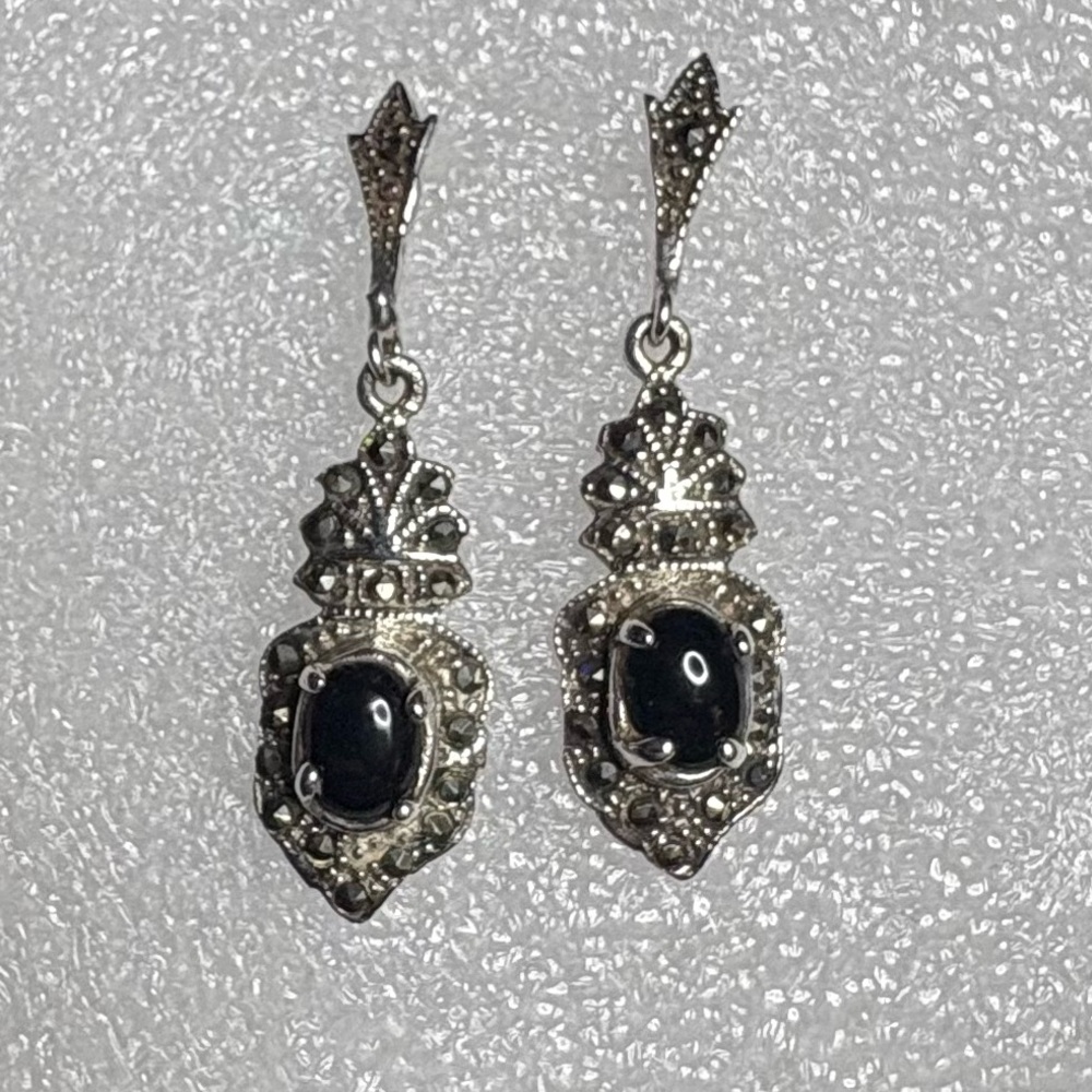 Earrings Victorian 925 Sterling Silver Black Onyx Gemstone Marcasite Dangle